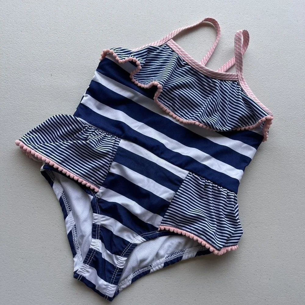 Penelope Mack Girls Size 6 Striped One Piece Swimsuit White Pink Blue - Picture 2 of 5
